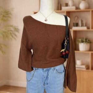 Brown Off Shoulder Knit Sweater Soft Minimal Aesthetic